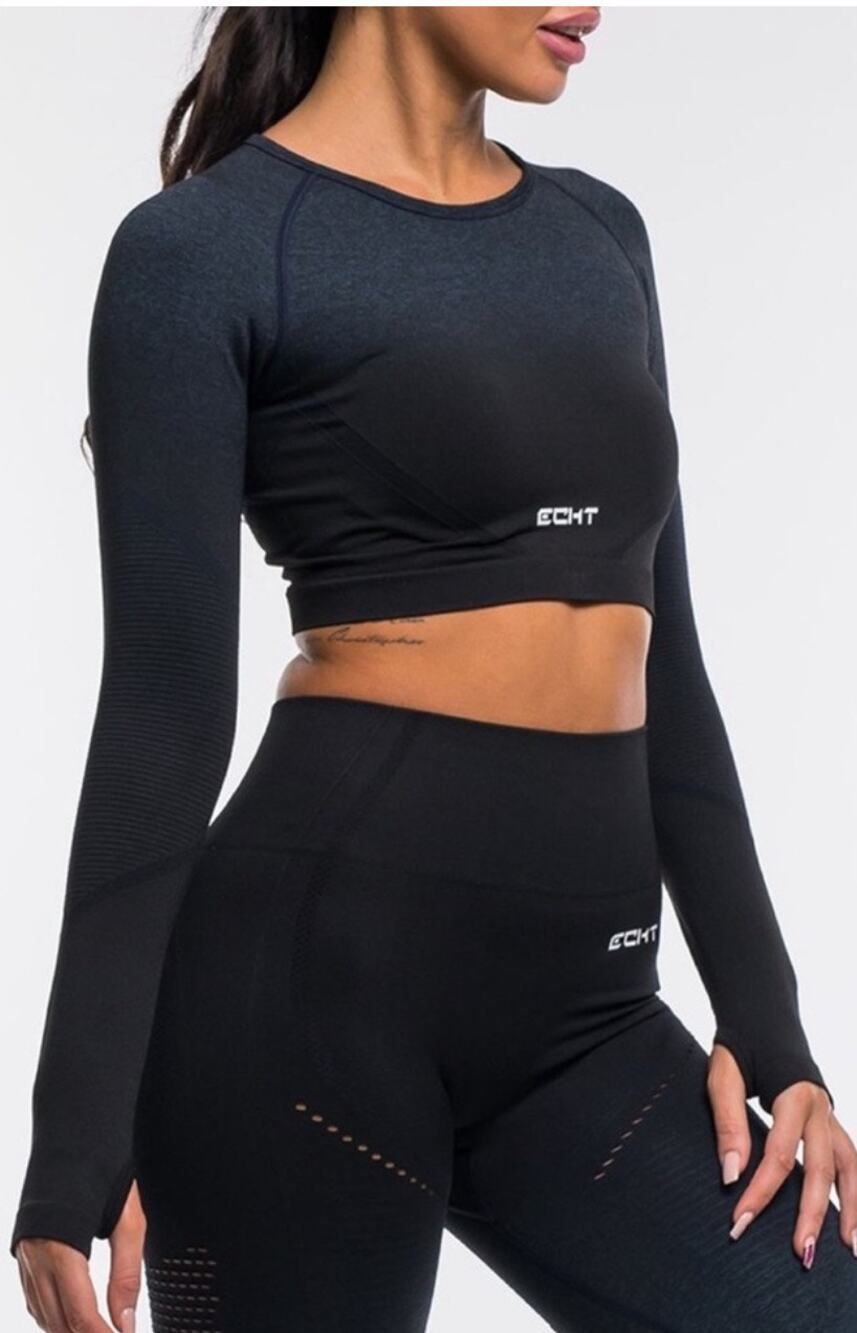 Echt Arise Ombre Workout Top Size Large Long Sleeve Crop Blue/Black Gym Fitness